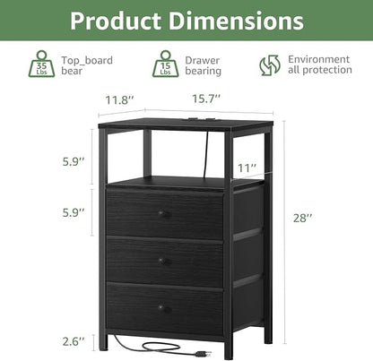 BOLUO Black Night Stand with 3 Fabric Drawers, Nightstand with Charging Station LED Nightstand for Bedroom, Bedside Table with USB Ports and Outlets Modern