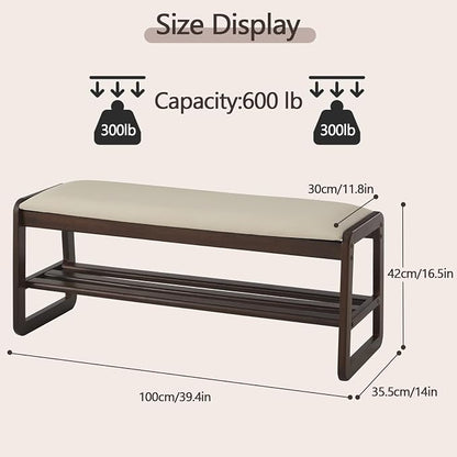 Achicsofar Shoe Rack Bench,2 Tier Solid Wooden Entryway Bench with Shoe Storage, Shoe Rack with Cushion for Living Room, Hallway(Pu Beige, 39.4")