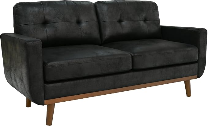Ball & Cast 65" Loveseat Sofa,Mid Century Modern Love Seat Couches for Living Room,Button Tufted Upholstered Small Couch with Solid Wood Legs for Bedroom,Apartment,Office,Fabric,Black