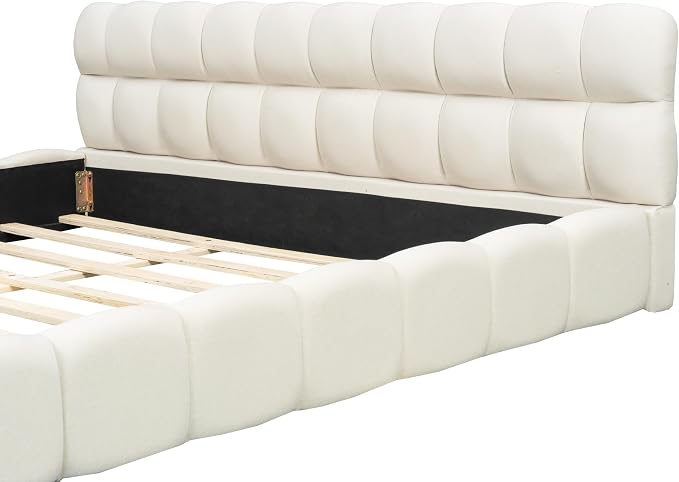 King Size Upholstered Platform Bed with Thick Fabric,Low Wood Grounded Bed W/Headboard & Footboard,Slat Support,No Box Spring Needed, Easy Assemble,Beige