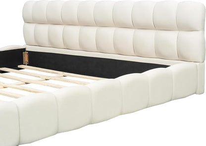 King Size Upholstered Platform Bed with Thick Fabric,Low Wood Grounded Bed W/Headboard & Footboard,Slat Support,No Box Spring Needed, Easy Assemble,Beige