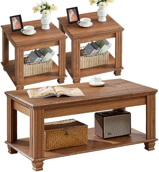 SAVOR LIFE Farmhouse Coffee Table Set of 3, Rustic Wood 3 Piece Coffee and End Table Sets with Open Shelf for Living Room, Brown