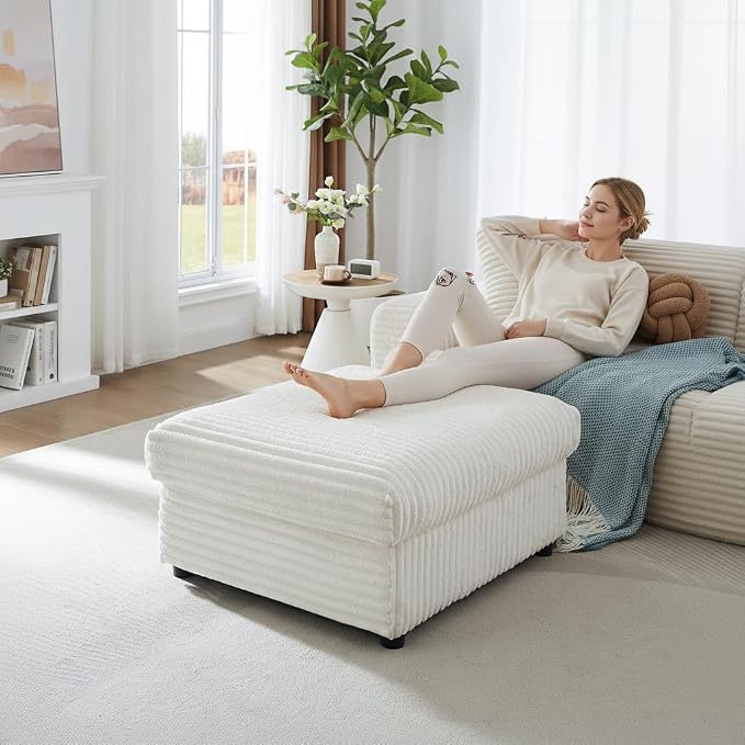 35" Corduroy Ottoman with Storage, Oversized Storage Ottoman for Living Room, Large Square Ottoman for Sofa Couch, Beige