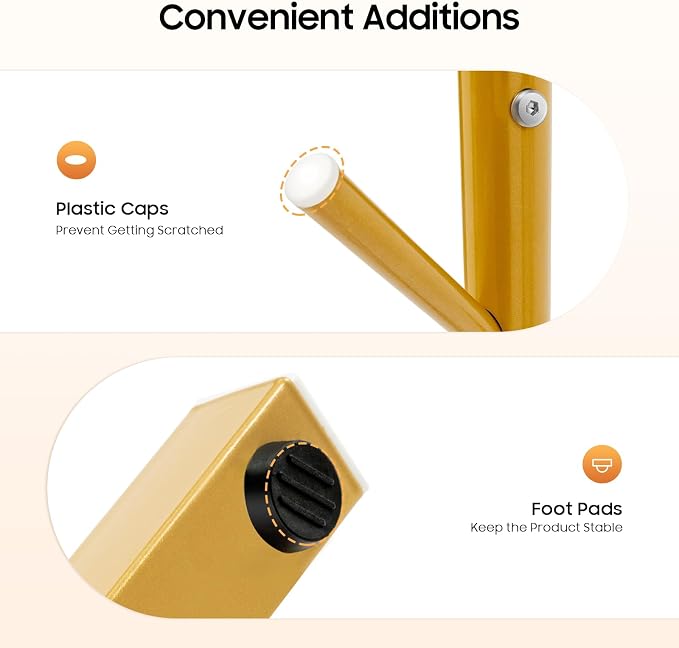 Modern Coat Rack,Free Standing 7 Hooks Hall Tree,Easy Assembly for Coats, Hats,Scarves and Handbags for Entryway, Hallway,Bedroom,Office,Gold