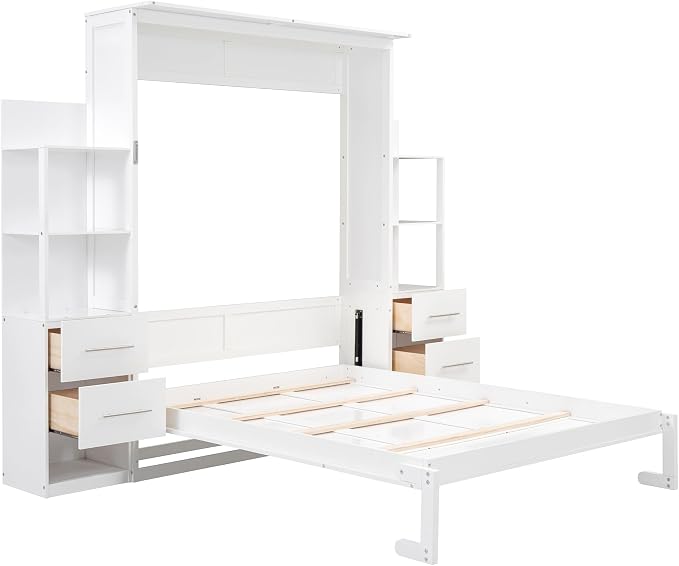 Queen Murphy Bed Cabinet, Space Saving Wall Bed with Storage and Lights | Flexible slats support an 8-inch mattress, while 2 four-layer shelves and 4 drawers help keep essentials organized