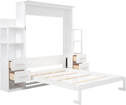 Queen Murphy Bed Cabinet, Space Saving Wall Bed with Storage and Lights | Flexible slats support an 8-inch mattress, while 2 four-layer shelves and 4 drawers help keep essentials organized