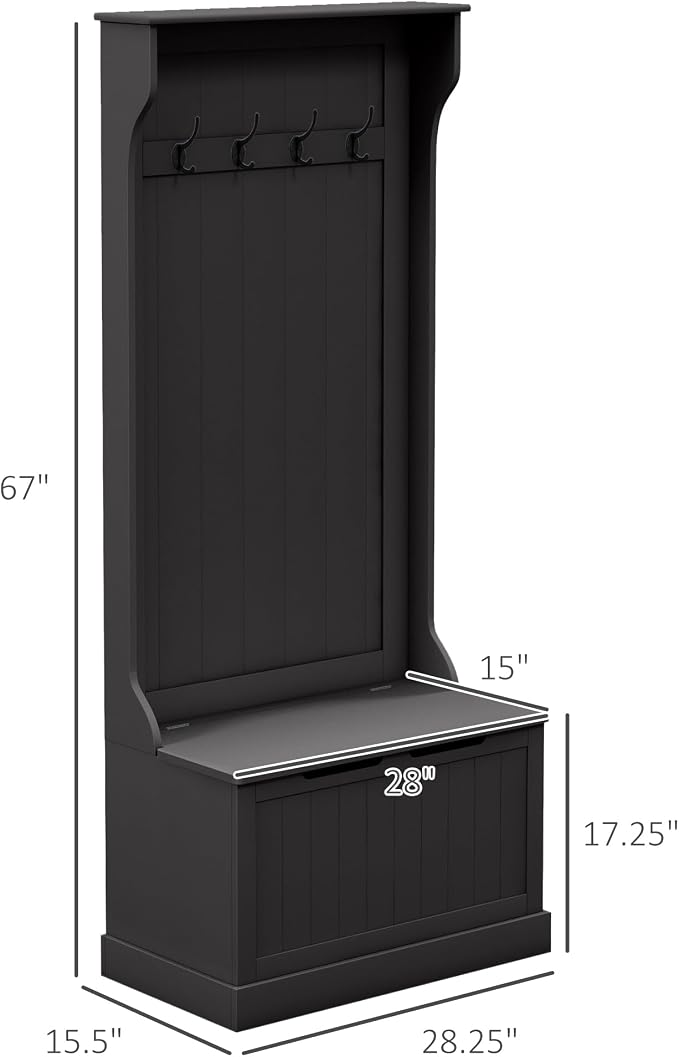 HOMCOM Hall Tree with Bench and Shoe Storage, 3-in-1 Entryway Bench with Coat Rack, 4 Hooks and Flip Top Storage Compartment, Black