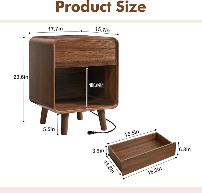 Nasonet 6 Drawer Dresser and Nightstands Set with Charging Station, Wood Mid-Century Modern Dresser and Nightstand 3 Pieces for Bedroom, Living Room, Walnut