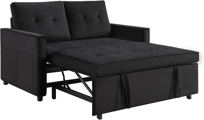 Sofa Bed, Pull Out Couch with Side Pockets, 3 in 1 Velvet Fabric Loveseat Sleeper Sofa Bed, Pull Out Couch with Adjustable Backrest for Living Room, Bedroom, Apartment, Black, 53 Inch