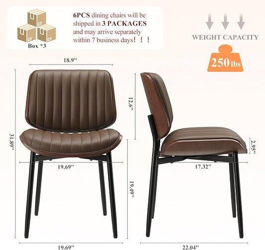 MALOL Leather Dining Chairs Set of 6, Modern Upholstered Dining Room Kitchen Chairs with Metal Legs and Wooden Back Support for Home Dining Room/Restaurant, Brown