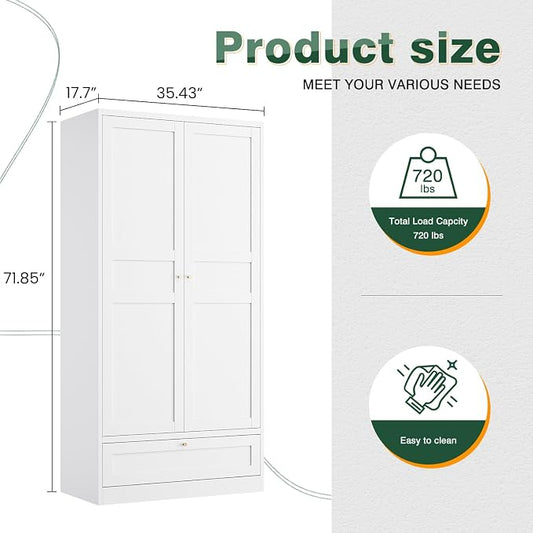 Letaya Metal Wardrobe Cabinets,18" Deep Clothing Storage Cabinet with Doors and Shelves,for Home Room,Fire Department, School, Employee,Gym,Government (White)