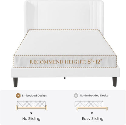 SHA CERLIN Full Size Velvet Upholstered Platform Bed Frame with Vertical Channel Tufted Wingback Headboard, Wooden Slats Support, Easy Assembly, Under Bed Storage, No Box Spring Required, White