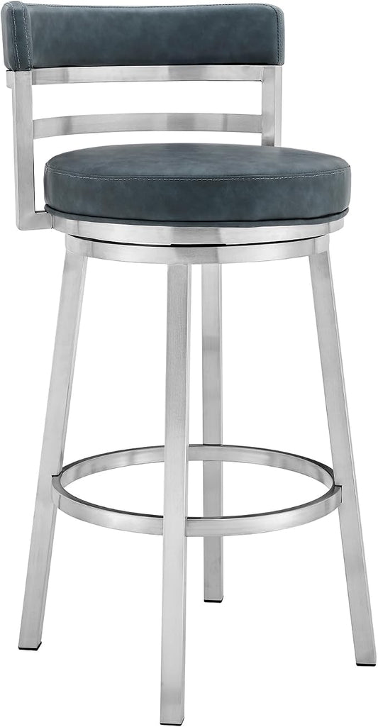 Armen Living Madrid 30" Seat Height Swivel Modern Blue Faux Leather and Brushed Stainless Steel Bar Stool for Kitchen Island Counter