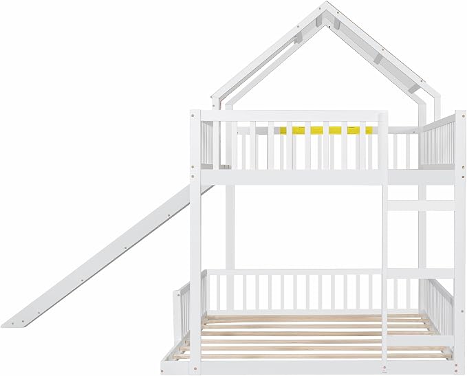 SOFTSEA House Bunk Bed with Slide, Full XL Over Queen Wood Floor Bunk Bed Frame with Roof, Guardrails and Ladder, Space-Saving, White