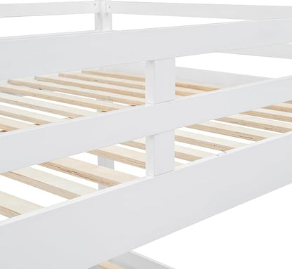 MERITLINE Queen Over Queen Bunk Bed with Twin XL Trundle, Solid Wood Bunk Bed with Ladders and Guardrails for Adults (White)