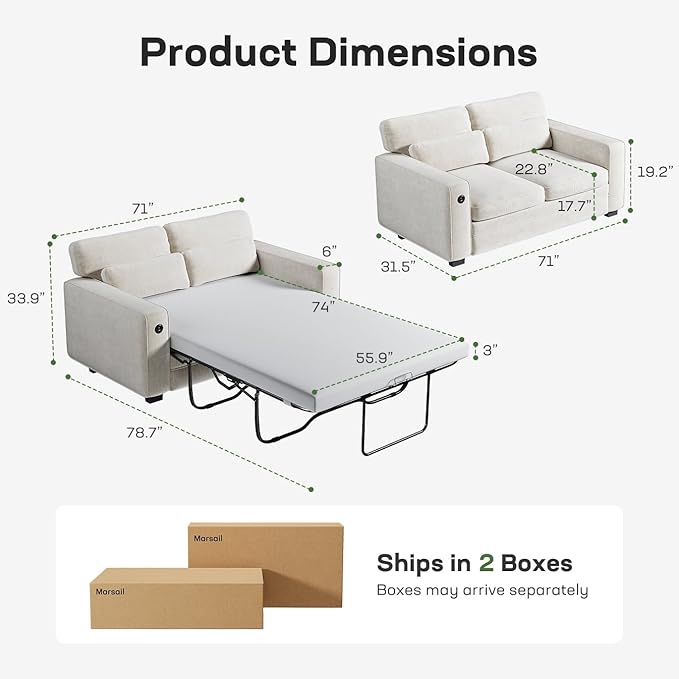 Marsail Pull Out Sofa Bed, Queen Size Sleeper Sofa with Memory Foam Mattress, 2 USB Charging Ports & Removable Covers, Chenille Loveseat Couch for Living Room, Apartment, Pure White