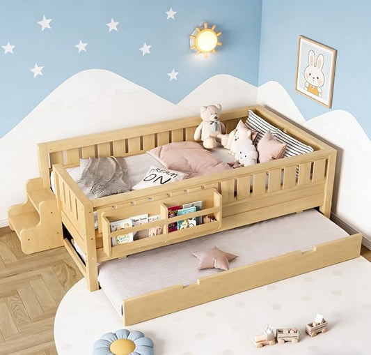 Bellemave Twin Size Kids Bed with high Rails and with Built-in Bookshelf and Trundle for Kids, Girls, Boys, Wood Montessori Bed Without Door, Light Natural