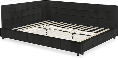 Bellemave Queen Size Corner Bed Frame with Comfortable Backrest and Armrests, Velvet Tufted Corner Bed Frame Queen Size, Upholstered Daybed for Bedroom, Living Room, Guest Room, Black