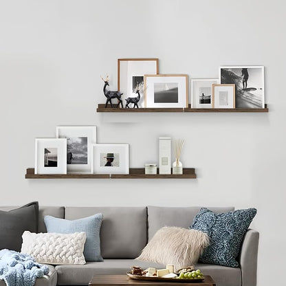 Forbena 24 Inch Floating Picture Ledge Shelf Set of 4, Wooden Picture Shelf for Wall with Ledge for Living Room Bedroom, Dark Wood Wall Shelves with Lip Edge for Photo Frames Display (Rustic Brown