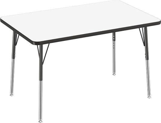 FDP Dry-Erase Rectangle Activity School and Office Table (30 x 48 inch), Standard Legs with Swivel Glides, Adjustable Height 19-30 inches; Quick Ship Single Box - Whiteboard Top and Black Edge