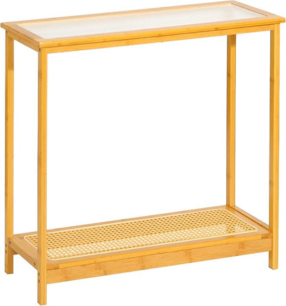 Bamboo Narrow Console Table, 31.5"(L) Wood Small Entryway Table with Rattan and Glass, Accent Slim Hallway Tables, Thin Sofa Side Tables for Hallway, Living Room, Foyer, Burlywood