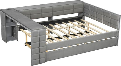 Bellemave Full Corner Bed Frame with Trundle and Storage Shelves and Desk, Wood Full Size Upholstered Daybed with Trundle and Charging Station, Gray