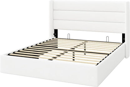 Allewie Queen Size Velvet Lift Up Storage Bed, Modern Wingback Headboard, Hydraulic Support, No Box Spring Needed, White