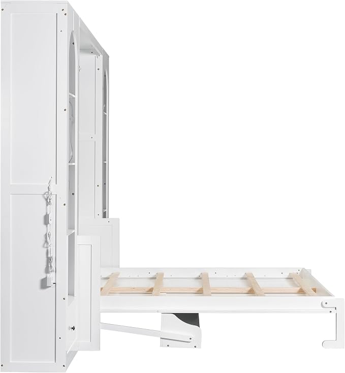 PVWIIK Queen Size Murphy Bed with Storage Drawers & Desk for Save Space & Small Space,Bedroom,Guest Room,Wall Bed Frame Folding into Cabinet Design w/LED & Storage Shelf,White