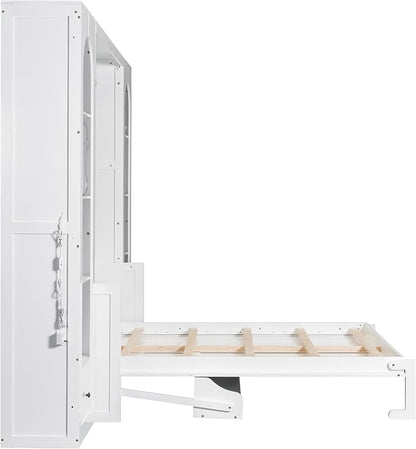 PVWIIK Queen Size Murphy Bed with Storage Drawers & Desk for Save Space & Small Space,Bedroom,Guest Room,Wall Bed Frame Folding into Cabinet Design w/LED & Storage Shelf,White