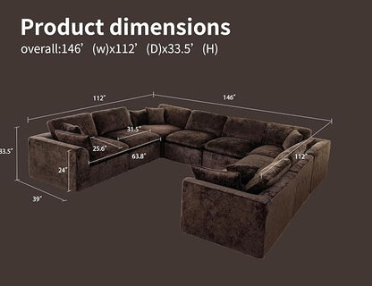 Modular Sectional Sofa – Oversized Modern Cloud Couch with Deep Chenille Seats, U-Shaped Boneless Sofa, Pet-Friendly, No Assembly, Brown (8 Seater)