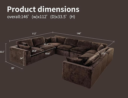 Modular Sectional Sofa – Oversized Modern Cloud Couch with Deep Chenille Seats, U-Shaped Boneless Sofa, Pet-Friendly, No Assembly, Brown (8 Seater)