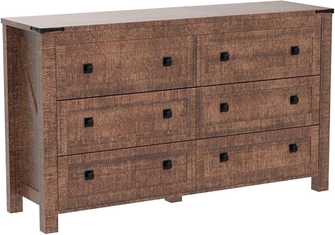 T4TREAM 54" Wide Farmhouse 6-Drawer Dresser for Bedroom, Reclaimed Barnwood | Rustic, Wood Storage Cabinet, Metal Handle, Unique Corner Accent, Bedroom, Living Room, Hallway