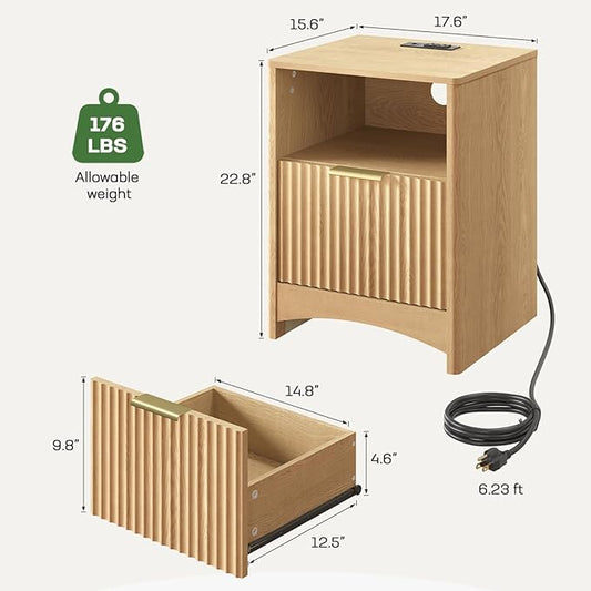 Marsail Fluted Nightstand, Wooden Nightstands with Drawers, Modern Bedside Table with Charging Station and Storage, End Table with Storage Side Table for Bedroom, Oak