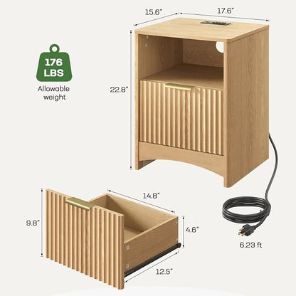 Marsail Fluted Nightstand Set of 2, Wooden Nightstands with Drawers, Modern Bedside Table with Charging Station and Storage, End Table with Storage Side Table for Bedroom, Oak