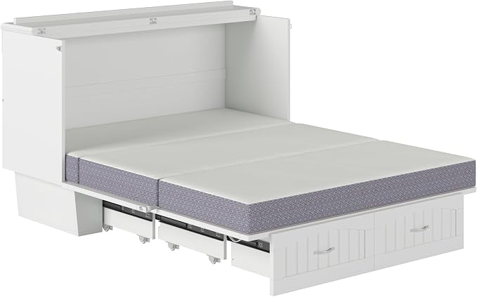 AFI, Nantucket Queen Murphy Bed Chest with Mattress, Storage Drawer and Built-In USB Charger, White