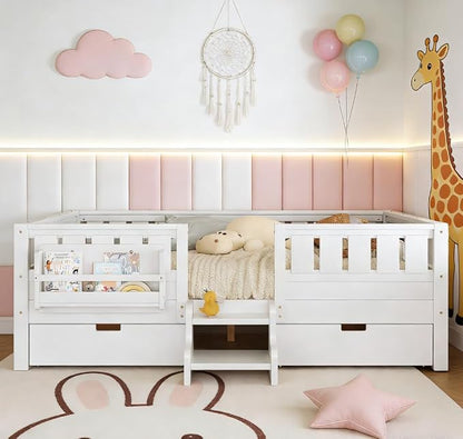 Bellemave Queen Size Kids Bed with high Rails and with Built-in Bookshelf and Drawers for Kids, Girls, Boys, Wood Montessori Bed Without Door, White