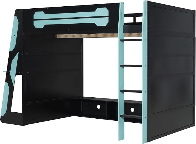 Merax Full Size Loft Bed with Desk, Multi-Storage Shelves and RGB Light | Space-Saving Wooden Gaming Bed Frame with Charging Station and Guardrail
