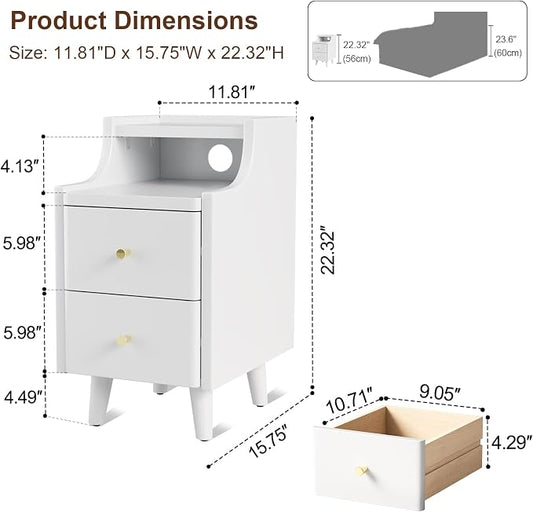 Narrow Nightstand with 2 Drawers,White Nightstand,Bedside Table,Solid Wood Modern Bedside Table for Bedroom,Study,Toilet