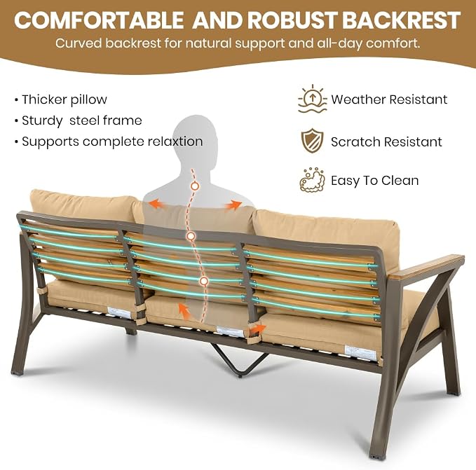 6-Piece Outdoor Patio Furniture Set, Steel Frame Sofa Set with 3-Seat Couch, 2 Armchairs, 2 Ottomans Coffee Table, Cushioned Seating for Backyard, Garden, Poolside, Brown Cushion