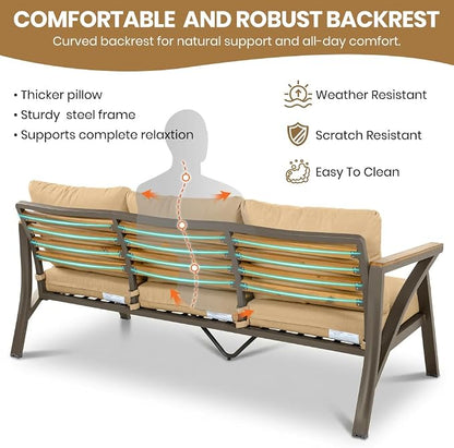 6-Piece Outdoor Patio Furniture Set, Steel Frame Sofa Set with 3-Seat Couch, 2 Armchairs, 2 Ottomans Coffee Table, Cushioned Seating for Backyard, Garden, Poolside, Brown Cushion
