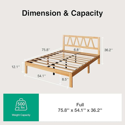 Novilla 12 Inch Full Size Bed Frame Full Bed Frames with Headboard Solid Wooden BedFrame Foundation, No Box Spring Needed, Easy Assembly, Natural Grain Wood