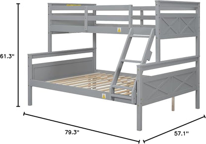 Merax Wood Bunk Bed,Twin Over Full Bunk Beds with Ladder,Safety Guardrail,Can be Separated into 2 Platform Beds,Perfect for Bedroom Kids Adults,Gray