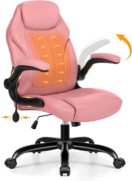 Ylzyxal Office Desk Chair, Ergonomic Computer Chair with Padded Flip-Up Arms and Adjustable Lumbar Support, PU Leather Executive Chair with Tilt Lock and 360° Swivel Rolling Wheels for Work, Study