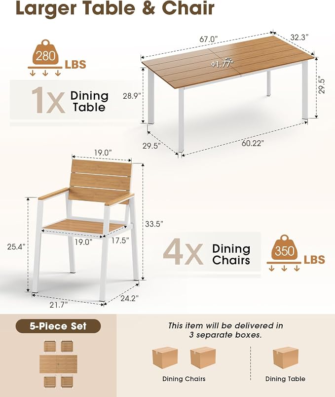 Outdoor Dining Set for 4, Aluminum Patio HDPS Outdooor Table and Chairs Set with Umbrella Hole, All Weather Patio Furniture Set, 5 Peice Patio Dining Table Set (White & Teak)