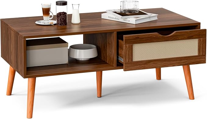 ZttRiee Rattan Coffee Table with Drawer, Mid-Century, Walnut | 39.4"L x 19.7"W x 16.9"H, 220 lbs capacity, 1 rattan drawer & open compartments, solid wood legs, ~30 min assembly