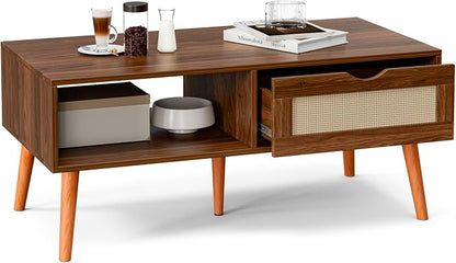 ZttRiee Rattan Coffee Table with Drawer, Mid-Century, Walnut | 39.4"L x 19.7"W x 16.9"H, 220 lbs capacity, 1 rattan drawer & open compartments, solid wood legs, ~30 min assembly