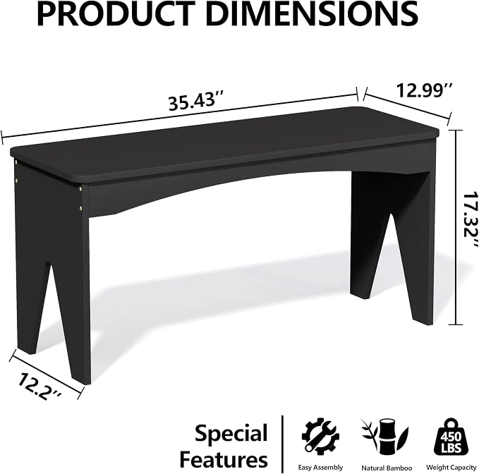 APRTAT Bamboo 35.4" Dining Room Bench, Long Indoor Shoe Bench Seat, Black | 450LBS Weight Capacity, 2-Person Seat, Rounded Safety Corners, Multi-Scene Use, Easy Assembly