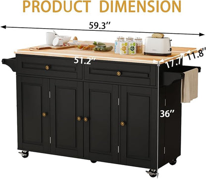 59 Kitchen Island Cart with Drop Leaf Breakfast Bar, Rolling Mobile Kitchen Island Table on Wheels with Storage Cabinet, Drawer, Spice/Towel Rack, Black