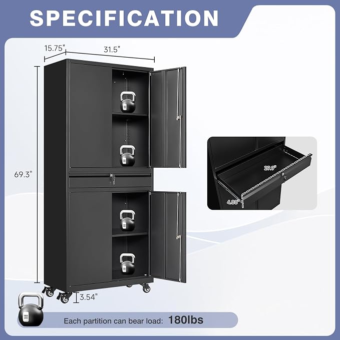 Metal Garage Storage Cabinet with 4 Wheels,Lockable Storage Cabinet with Adjustable Shelves and 1 Drawer,Rolling Tool Cabinet for Workshop Garage and School(Black)