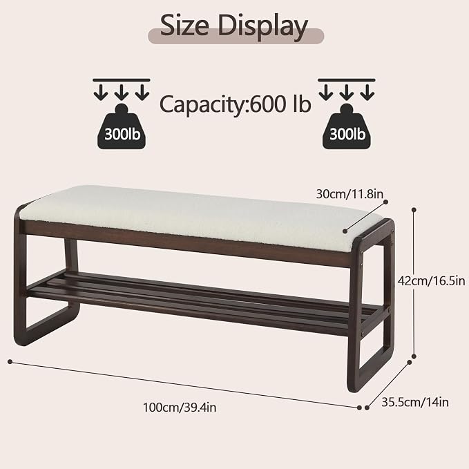 Achicsofar Shoe Rack Bench,2 Tier Solid Wooden Entryway Bench with Shoe Storage, Shoe Rack with Cushion for Living Room, Hallway(Cream White, 39.4")